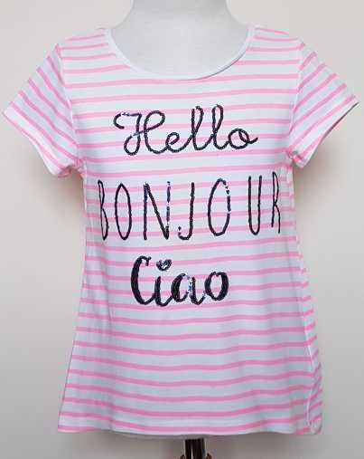 110.H & M roze/wit gestreept a-lijn t-shirt mt. 110/116