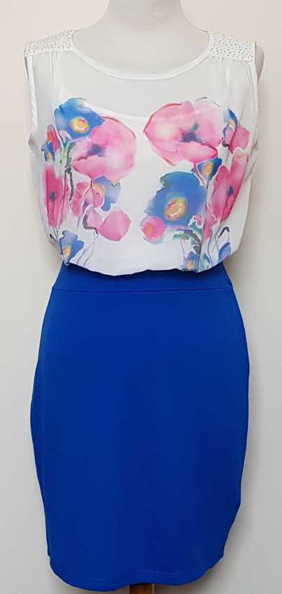 Bodyflirt blauw/wit jurkje met strass en bloemen mt. 36