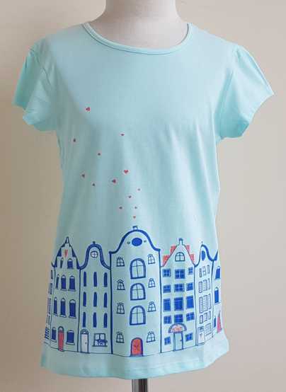 140.Palomino lichtblauw t-shirt met grachtenhuisjes mt. 140 NIEUW