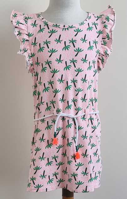 110.Hema wit jurkje met neon roze en boompjes mt. 110/116