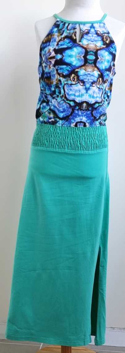 134.Lava Lava groen/blauwe lange jurk mt. 134/140