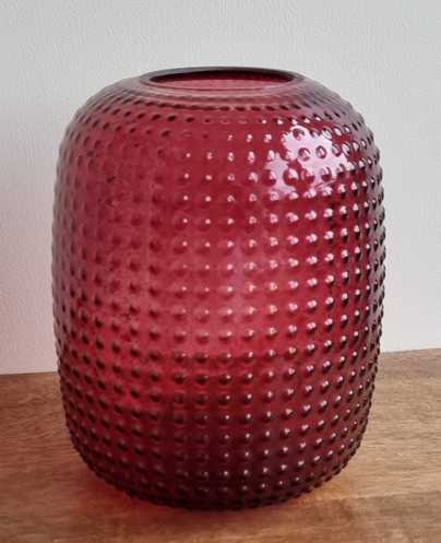 Glazen rood/roze vaas met bubbeltjes NIEUW