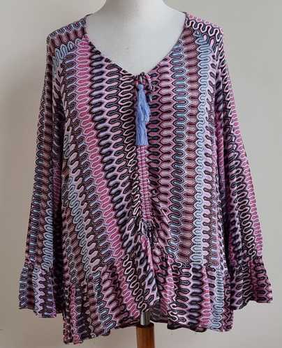 Roze/lichtblauwe a-lijn blouse met print mt. 46/48