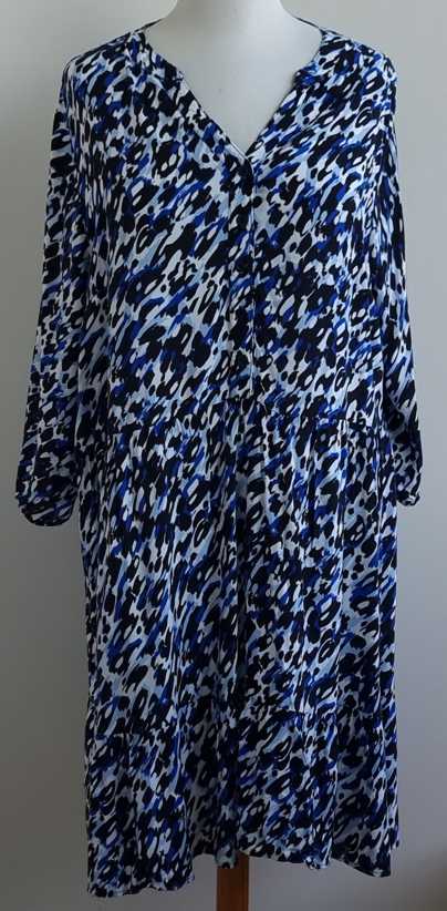 MS Mode blauw/zwarte soepelvallende jurk mt. 52